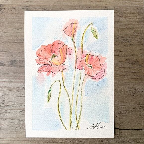 Watercolor Painting Expressive Floral Poppies Blue Sky Impressionist Signed 5x7 - Picture 2 of 2